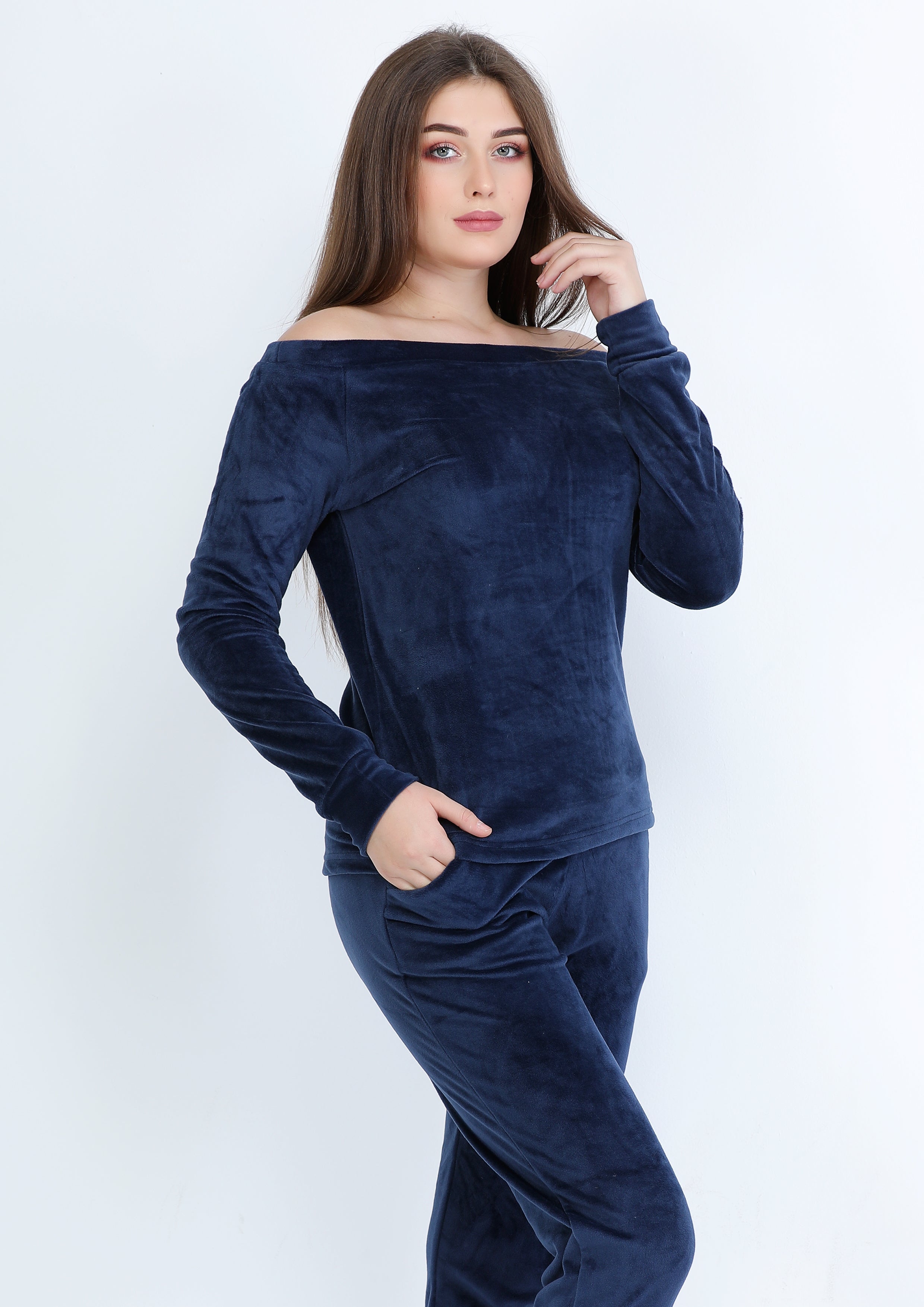 Plain blue navy Heidi pajamas with lining on both sides and bare shoulders