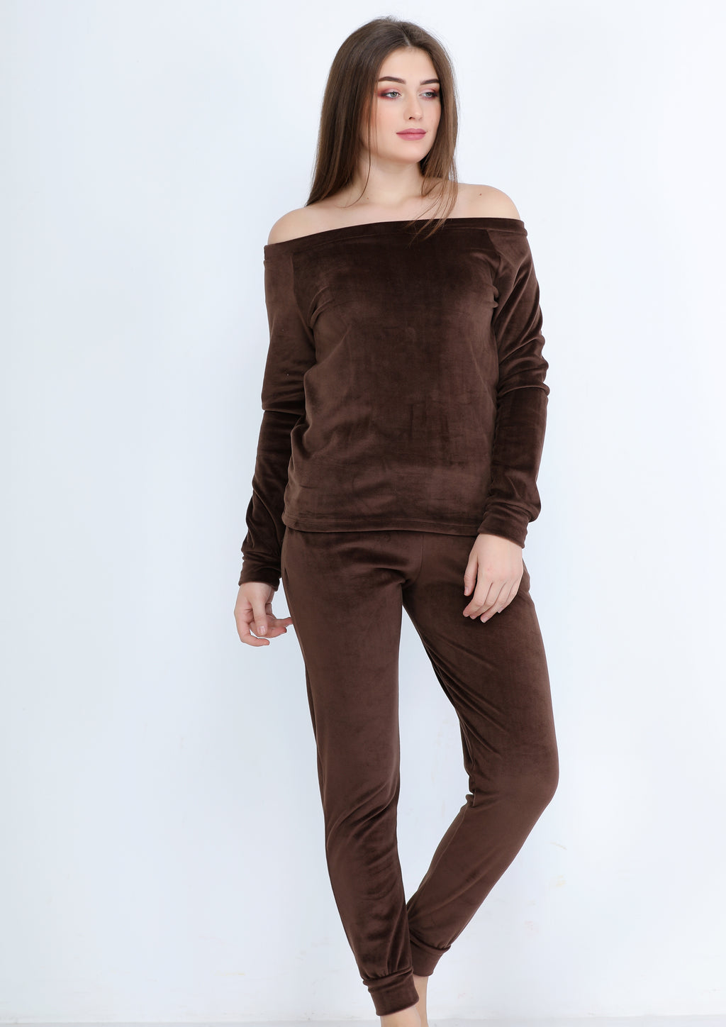 Plain brown Heidi pajamas with lining on both sides and bare shoulders