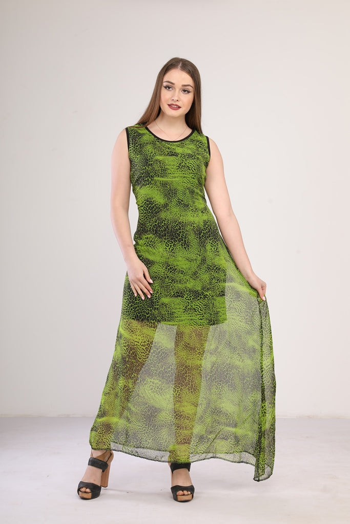 Tiger lined green chiffon dress