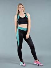 Load image into Gallery viewer, Two pieces of black and turquoise polyester sport set