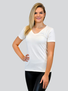 Half-sleeve white cotton lycra bodysuit with V-neck