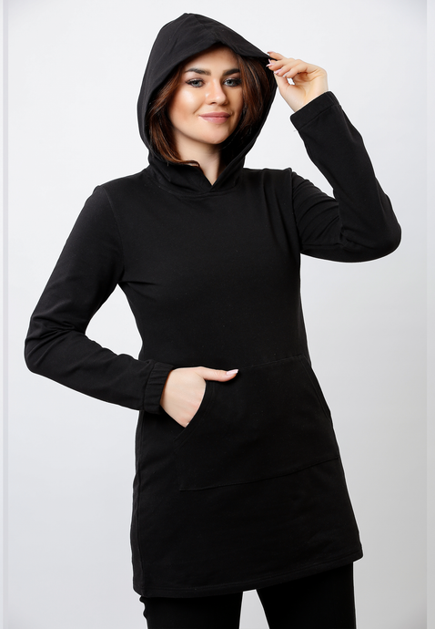 Plain black pure cotton sweatshirt with hood