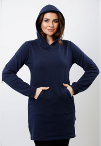 Plain navy blue pure cotton sweatshirt with hood