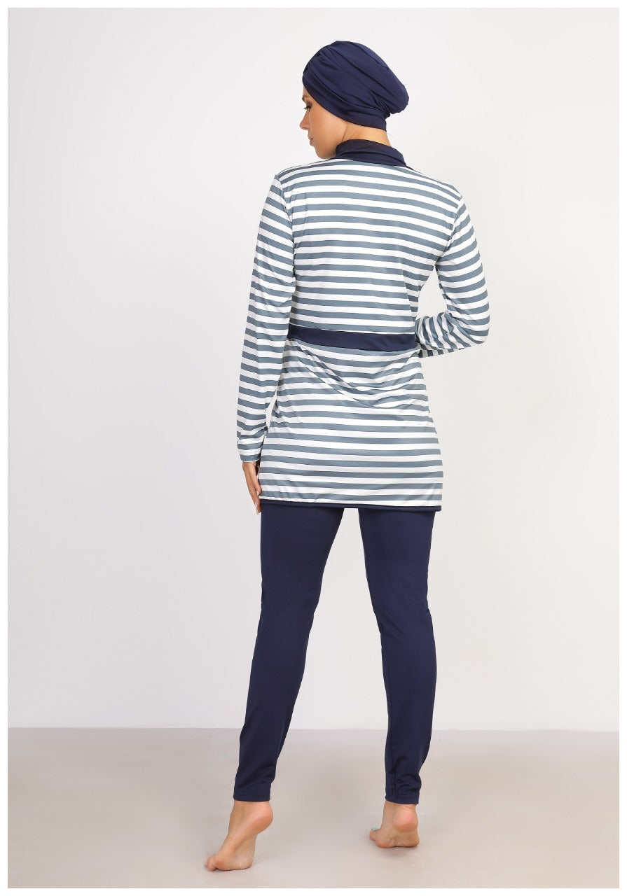 مايوة بوركيني مطبوع خطوط كحلى فاتح