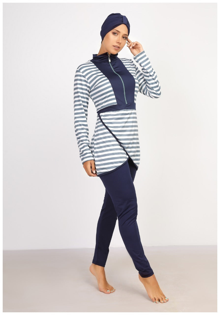 مايوة بوركيني مطبوع خطوط كحلى فاتح