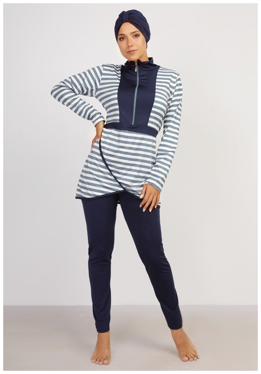 مايوة بوركيني مطبوع خطوط كحلى فاتح